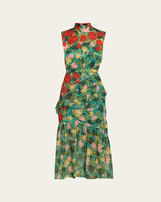 Fleur Silk Sleeveless Tiered-Ruffle Midi Dress